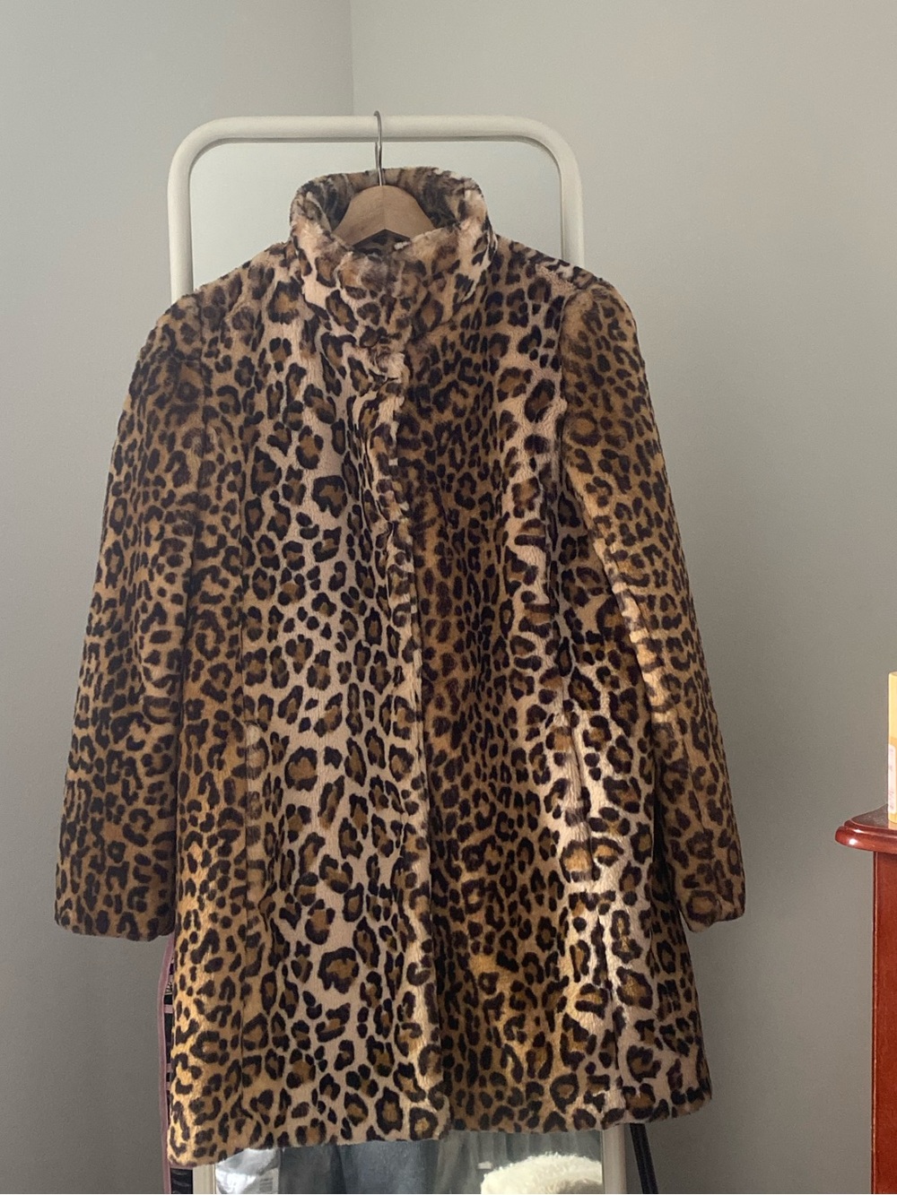 Leopard Print Funnel Neck Faux Fur Jacket in Black and Tan with Petite XS LOFT